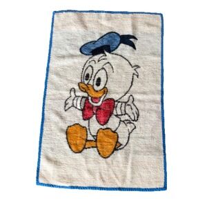 VTG BIEDERLACK Walt Disney Co. Baby Donald Duck Fuzzy Blanket 42X28 Blue Trim